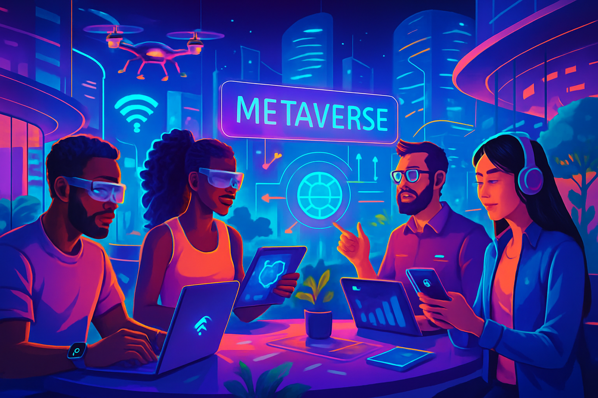 The image depicts a futuristic scene with four individuals engaged in a discussion about the Metaverse, utilizing various digital devices against a vibrant city backdrop.