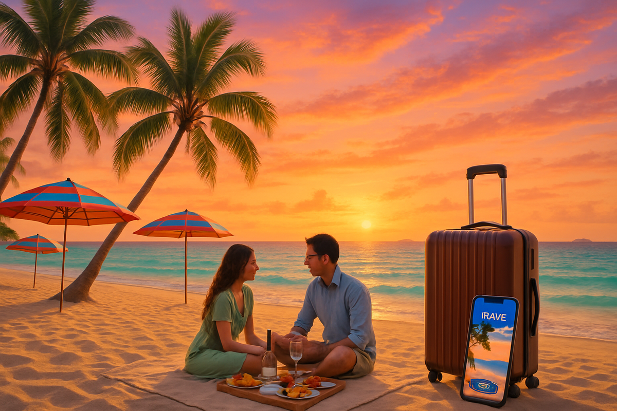 A couple shares a romantic picnic on the beach at sunset, with palm trees and colorful umbrellas in the background.