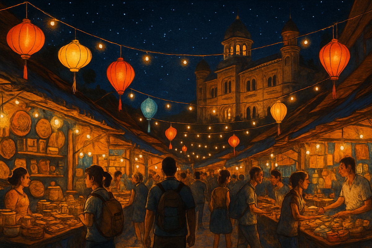 The image depicts a vibrant night market scene illuminated by colorful lanterns and string lights, with people browsing stalls under a starlit sky.
