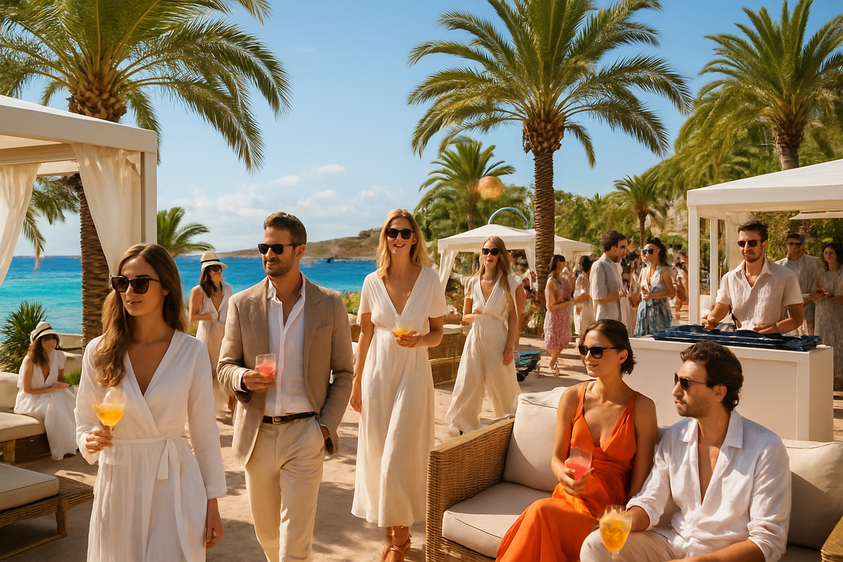 The image depicts a stylish tropical gathering with elegantly dressed individuals enjoying drinks against a backdrop of palm trees and a beautiful ocean.