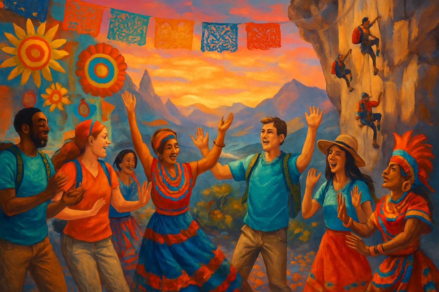 The image depicts a vibrant celebration with people dancing joyfully in front of a scenic landscape with climbers scaling a rocky cliff.