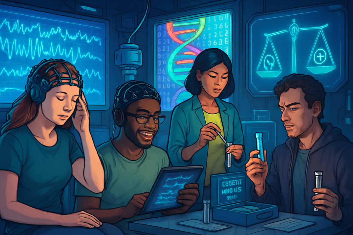 The image depicts a diverse group of four individuals engaged in scientific research, using technology and laboratory equipment in a high-tech environment.