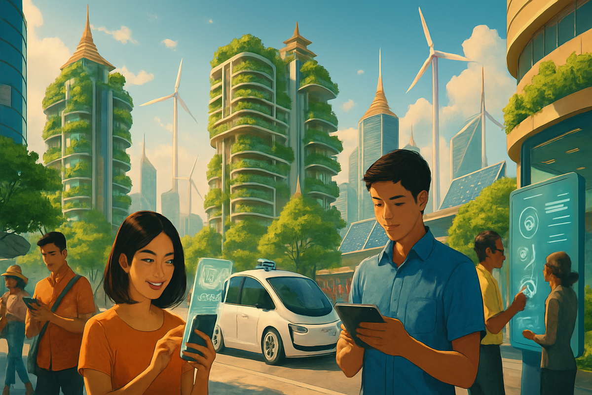 The image depicts a futuristic urban scene with people using smartphones amidst green skyscrapers, wind turbines, and a self-driving car.