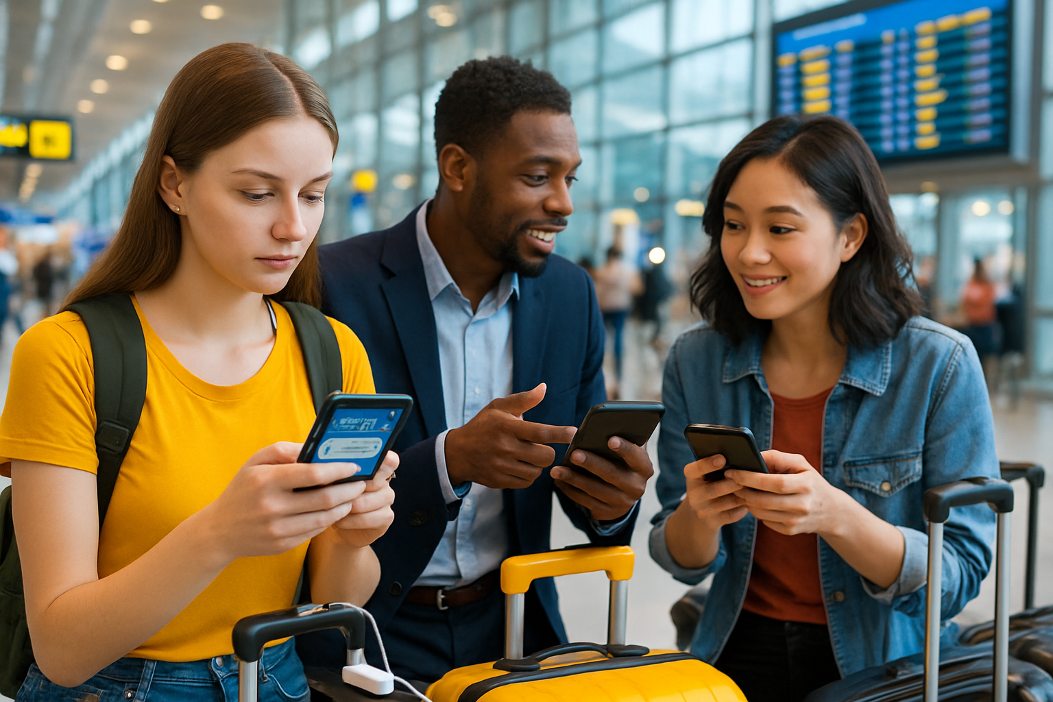Three people in an airport are engaged with their phones while smiling and interacting with each other.
