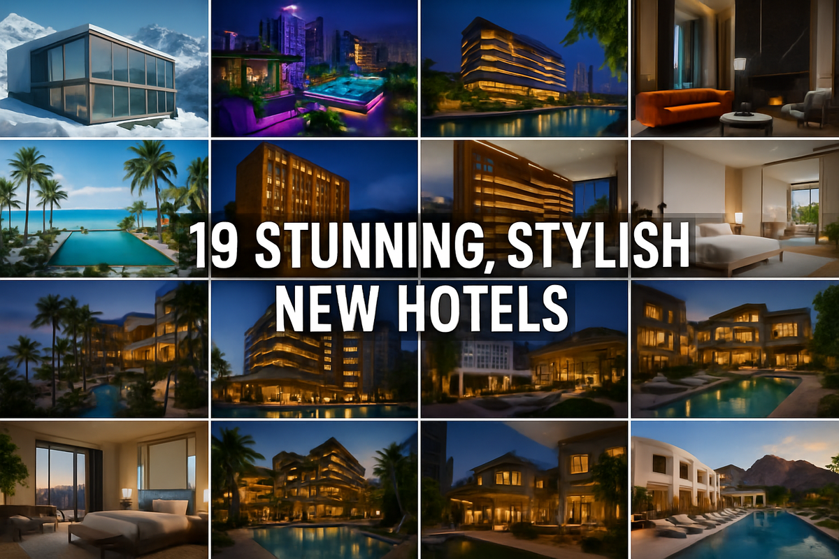 The image showcases a collage of nine luxurious and stylish hotel exteriors and interiors, accompanied by the text "19 Stunning, Stylish New Hotels."