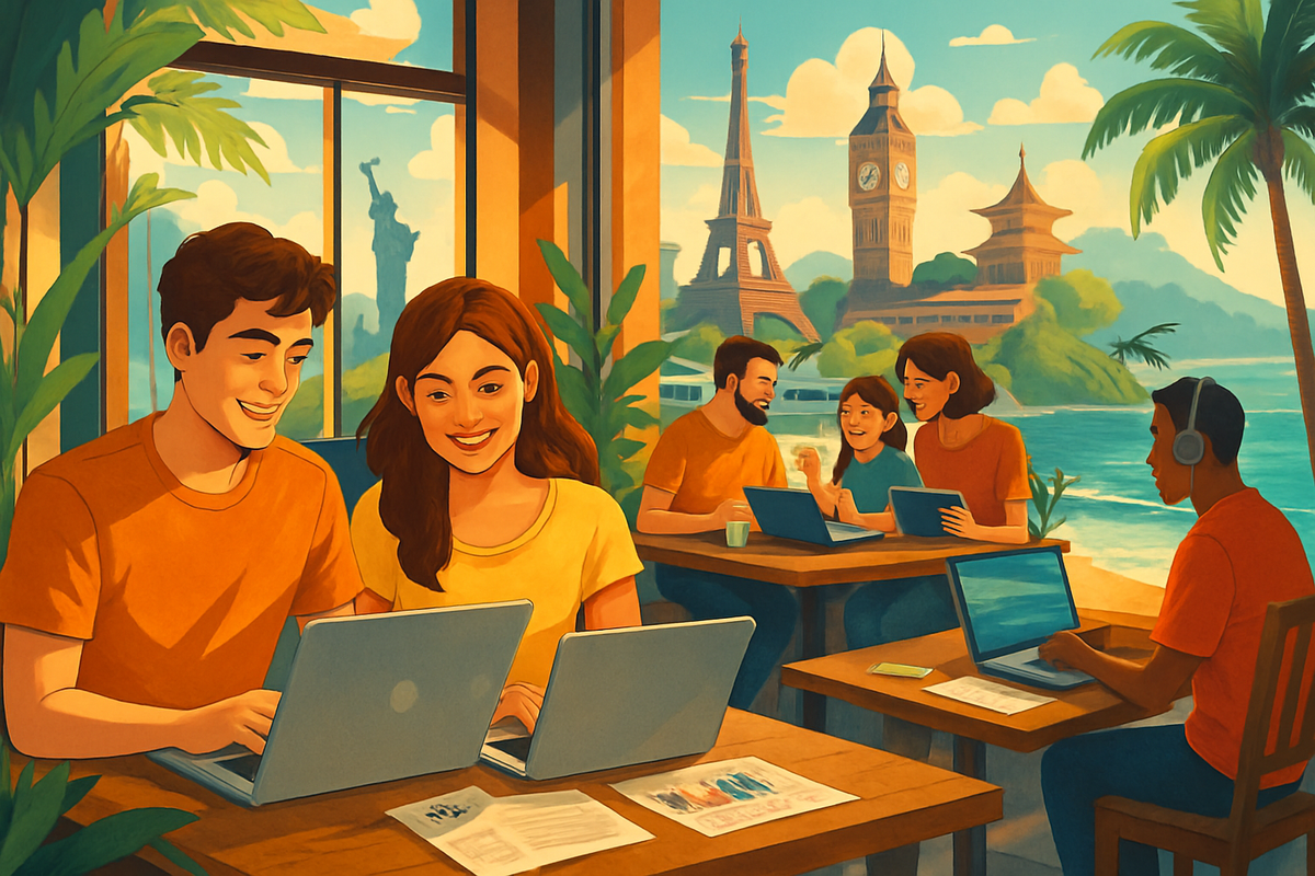 The image depicts a vibrant café setting where diverse groups of people are working on laptops with famous landmarks visible in the background.