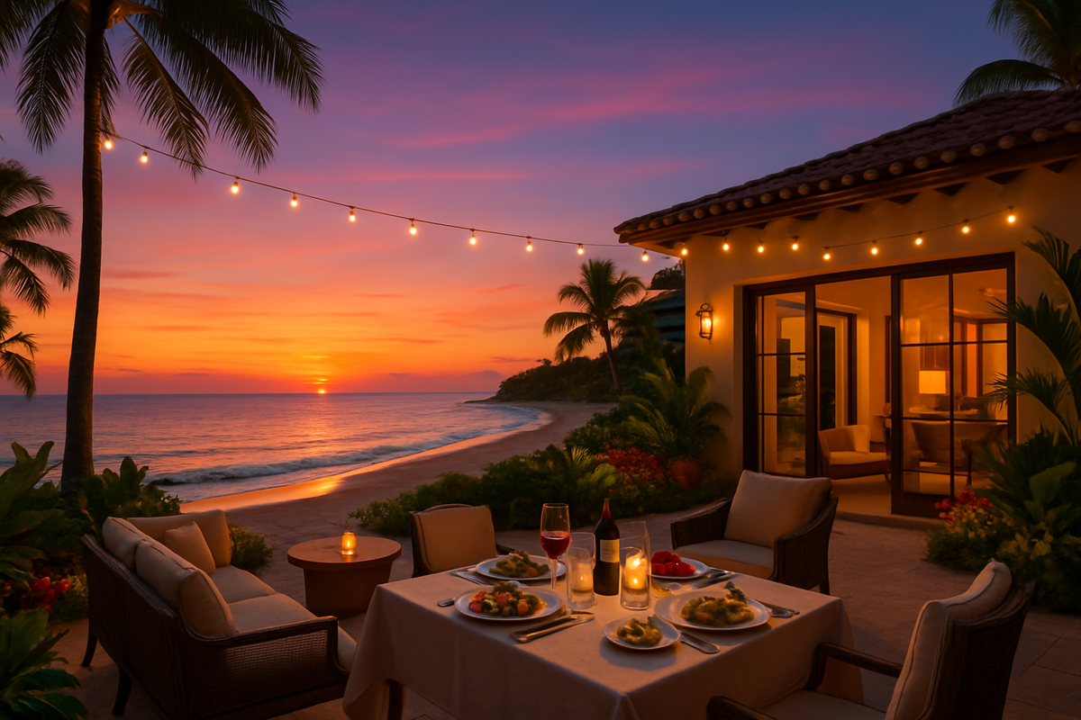 A beautifully set outdoor dining table awaits by the beach, illuminated by string lights against a vibrant sunset.