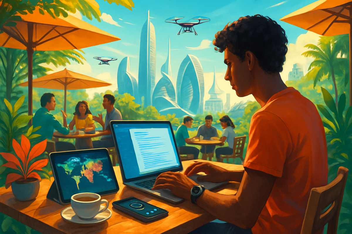 A person is working on a laptop at an outdoor café, surrounded by futuristic buildings and flying drones, while enjoying coffee and a tablet showing a map.