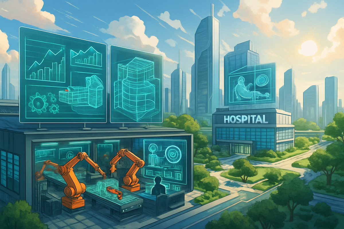 The image features a futuristic hospital with robotic arms and holographic displays in a modern cityscape.