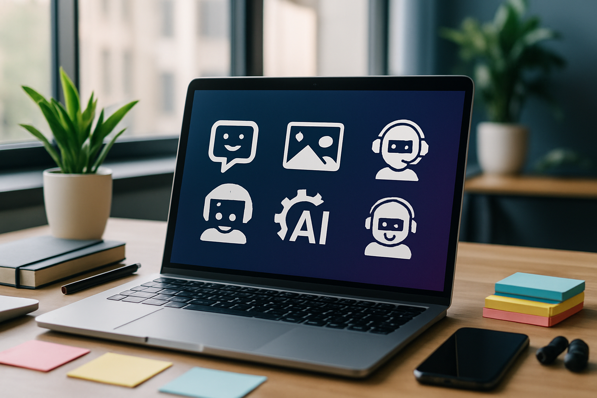 The image shows a laptop displaying various icons related to AI communication and support, placed on a wooden desk with a plant, notebooks, and a smartphone.