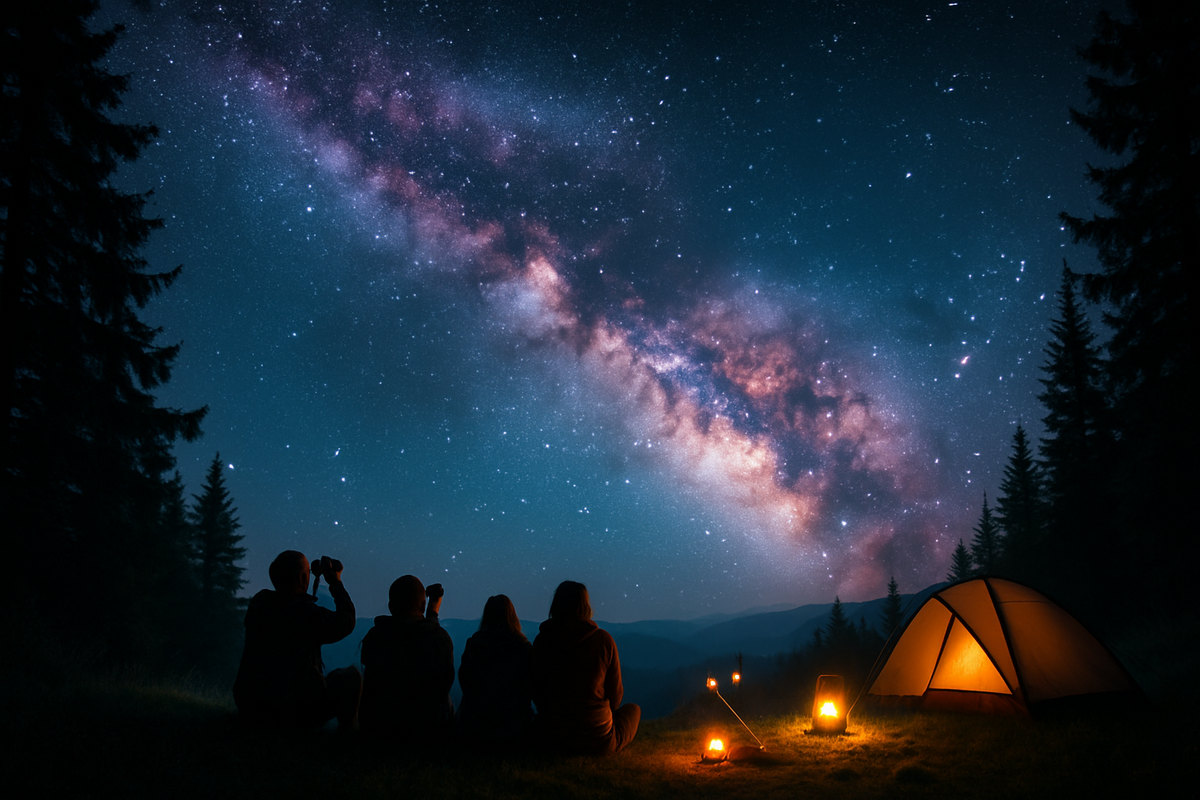 The image depicts a group of people sitting by a tent, gazing at a starry sky featuring the Milky Way, surrounded by trees and soft lantern lights.