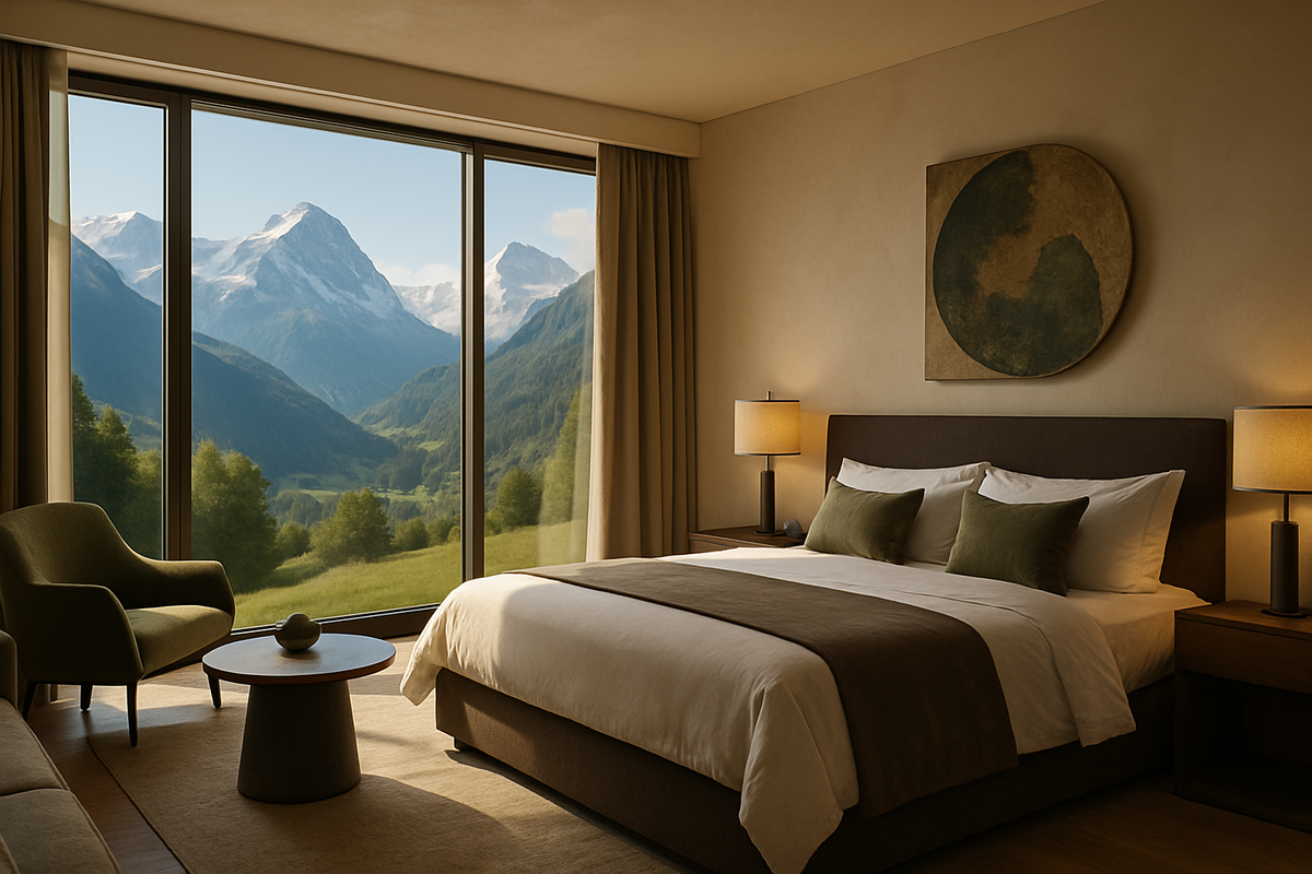 The image features a modern, cozy bedroom with a large window showcasing breathtaking mountain views.