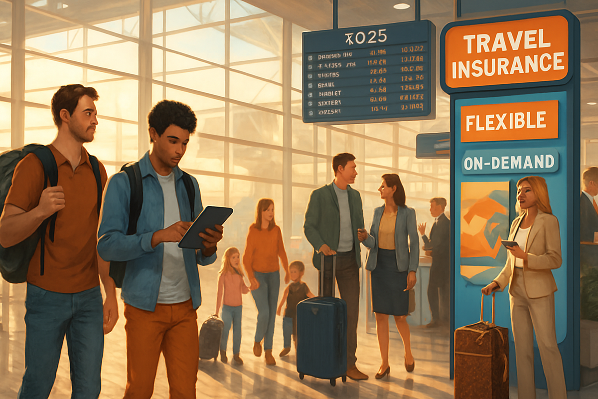 The image depicts a busy airport scene with travelers and an advertisement for travel insurance, featuring a mix of adults and children interacting as they prepare for their journeys.