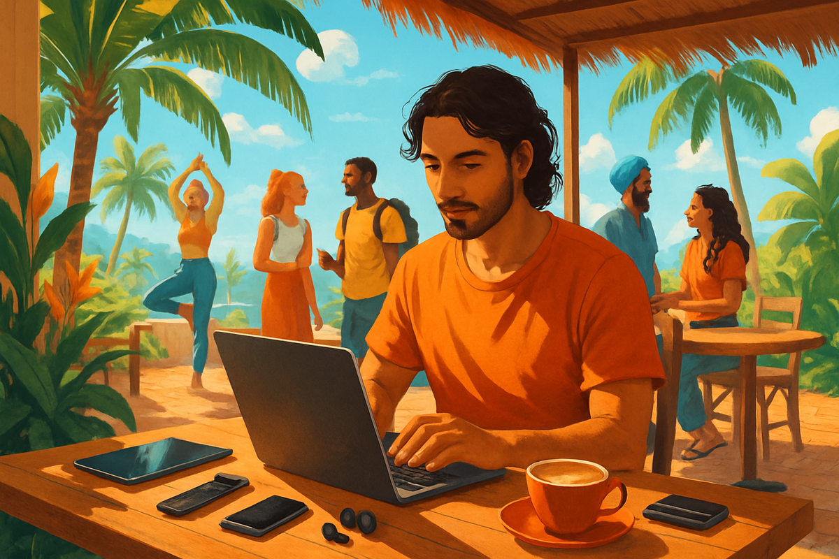 A man in an orange shirt works on a laptop at a tropical café while people socialize in the background.