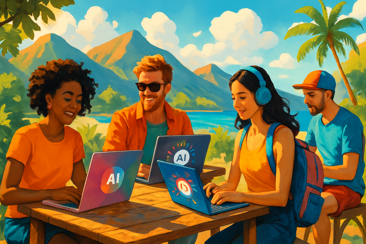 A cheerful group of young people is working on laptops outdoors, surrounded by mountains and palm trees.
