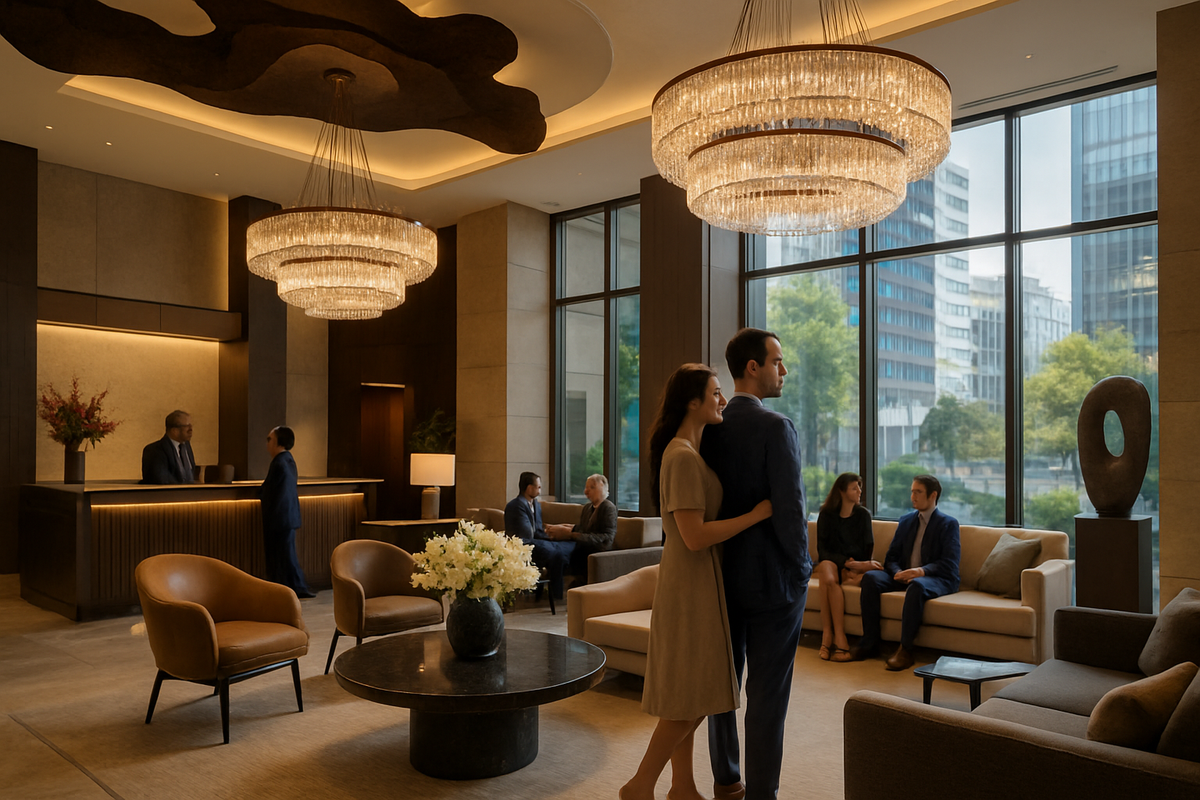 The image depicts a stylish hotel lobby with modern decor, featuring elegant chandeliers, a reception area, and guests casually interacting in a comfortable setting.