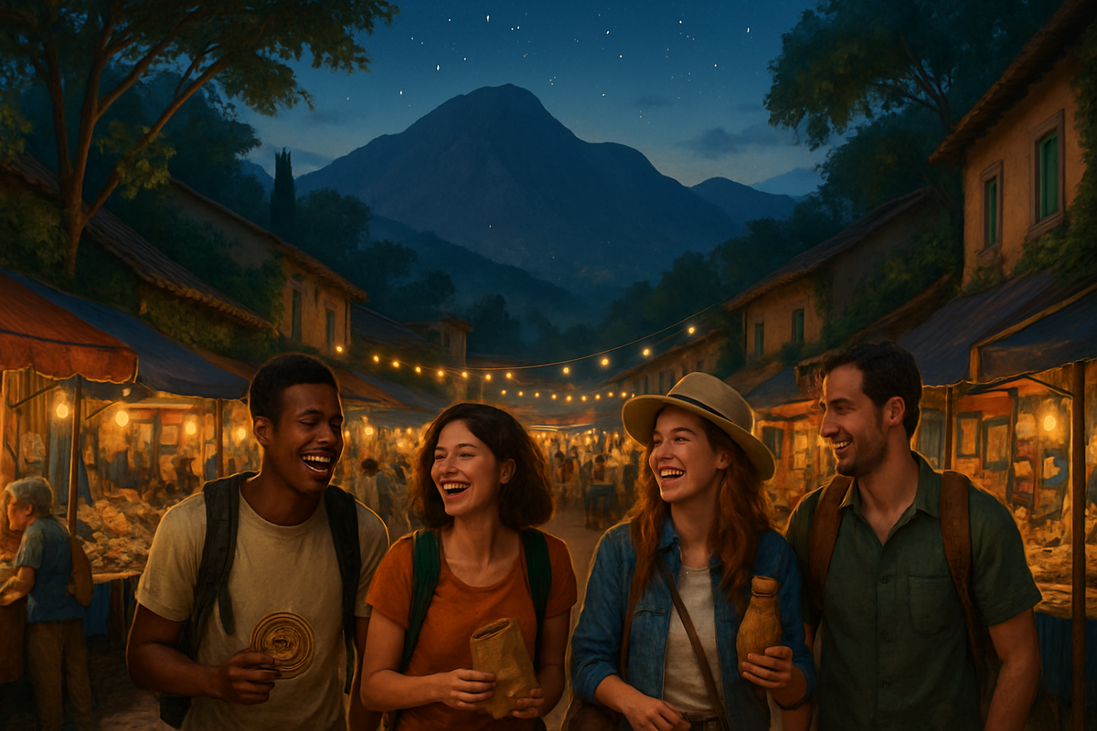 A group of four friends joyfully laughing and sharing a moment at a vibrant market under string lights with a mountain backdrop during twilight.