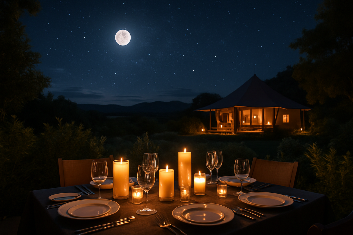 The image depicts a romantic outdoor dinner setting under a starry night sky with a full moon, featuring a beautifully set table with candles and a tented structure in the background.