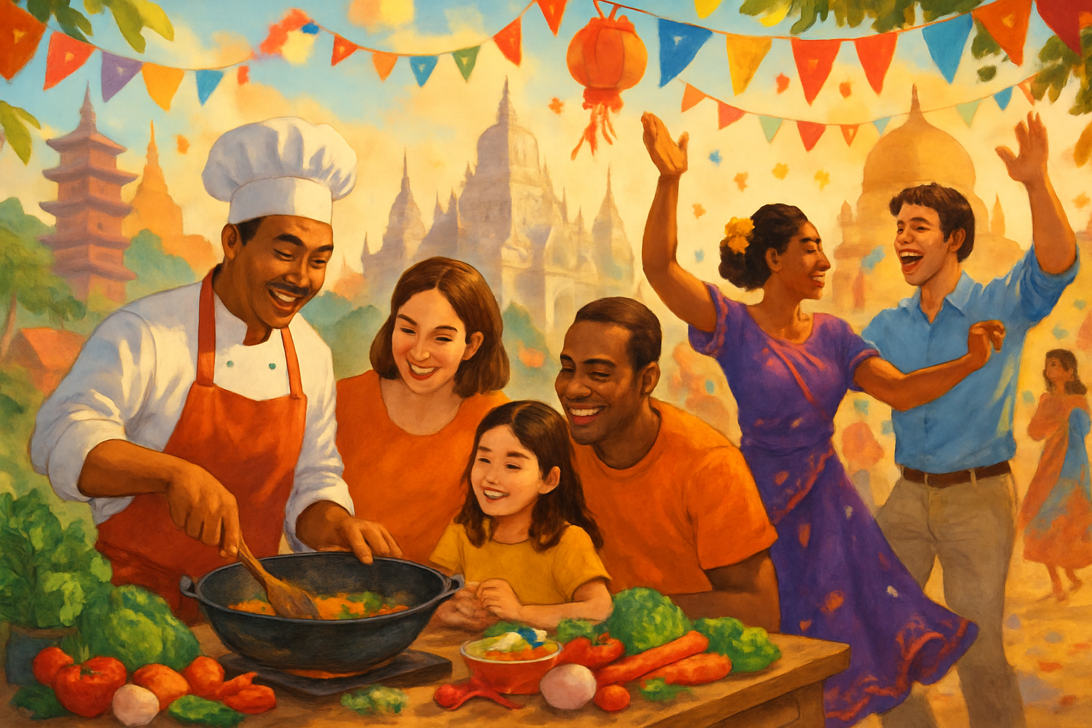 The image depicts a joyful gathering where a chef and a diverse group of people are cooking and celebrating together in a vibrant outdoor setting.