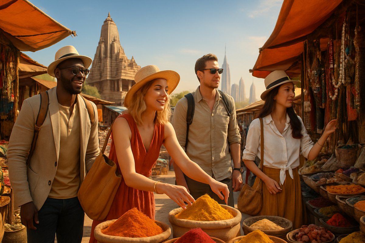 A group of four friends exploring a vibrant market filled with colorful spices and surrounded by ancient architecture.