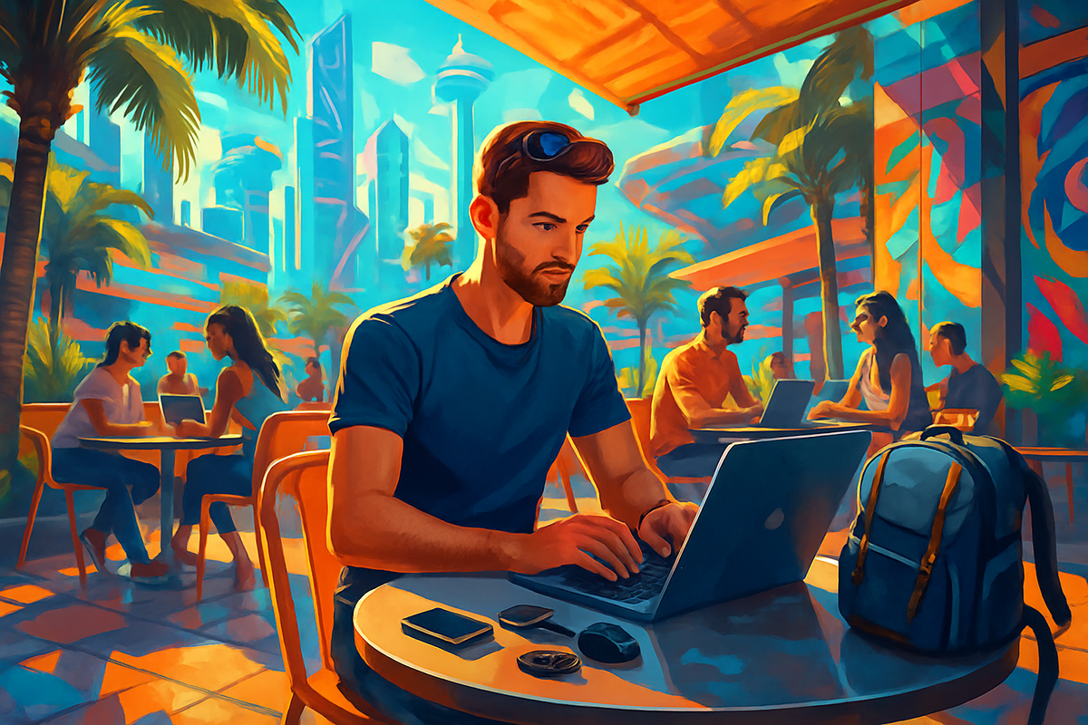 A focused man is working on a laptop at a lively outdoor cafe with palm trees and colorful buildings in the background.
