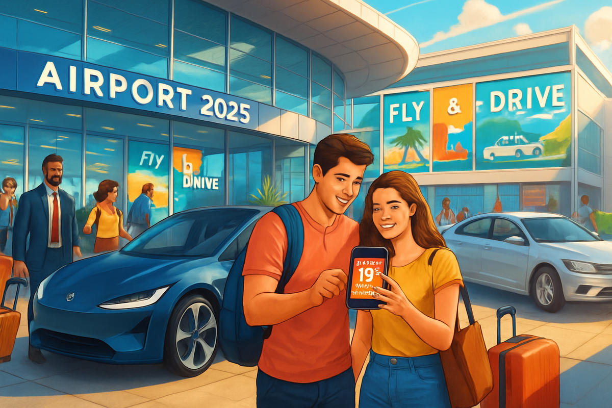 A young couple smiles while looking at a smartphone in front of a modern airport terminal labeled "AIRPORT 2025," with various travelers and cars in the background.
