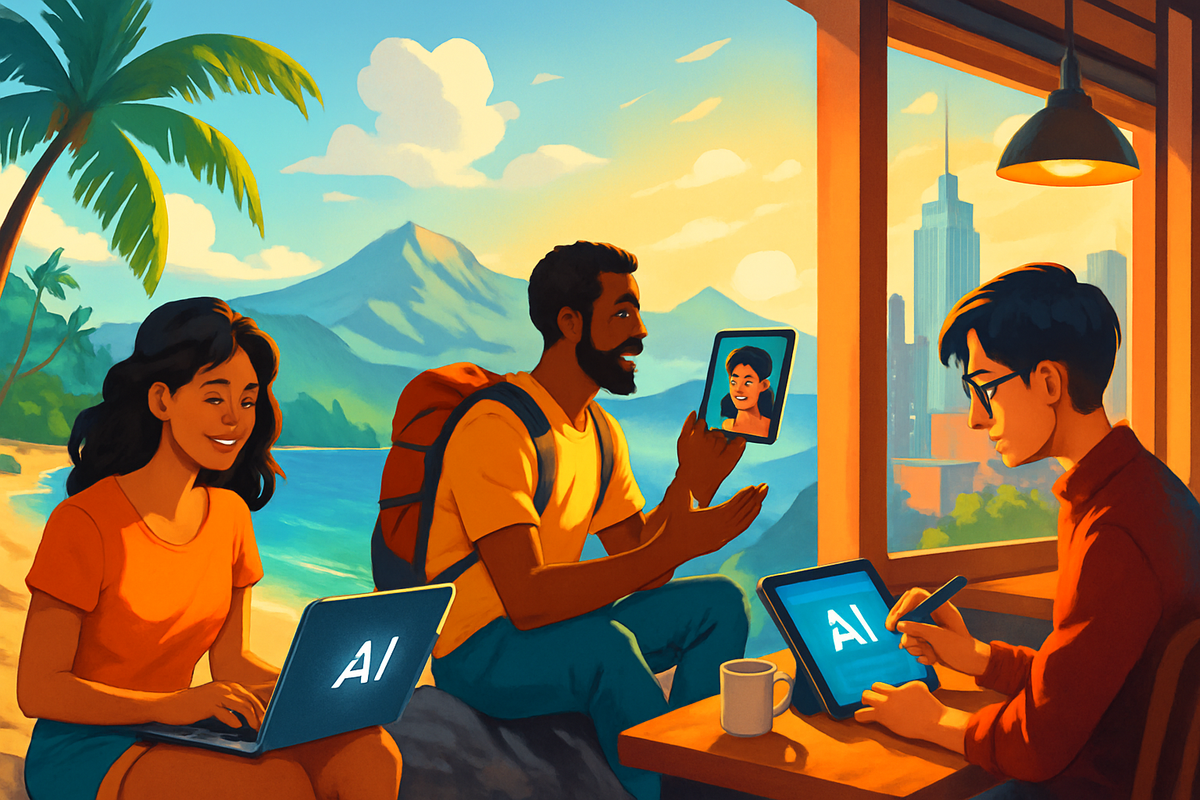 The image depicts three people engaged in technology-related activities in a bright, tropical setting with mountains and a city skyline in the background.