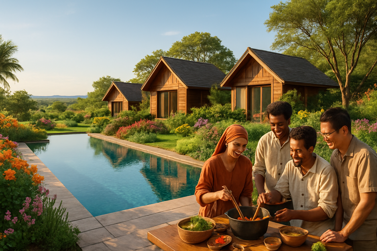 A group of four people joyfully cooking and preparing food outdoors by a serene pool and surrounded by lush gardens and wooden cabins.