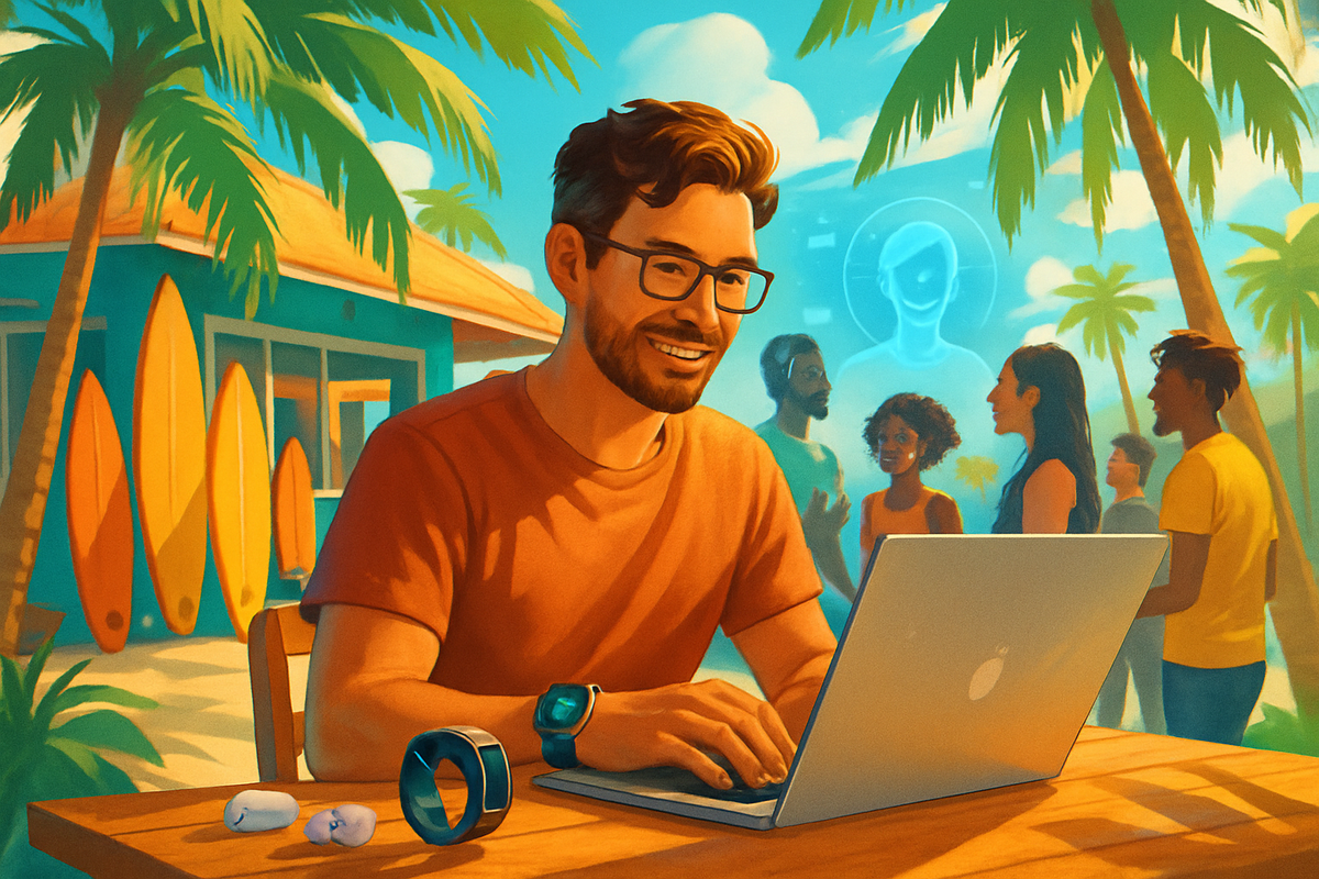 A man is sitting at a table with a laptop, smiling while working in a vibrant outdoor setting with palm trees and people socializing in the background.