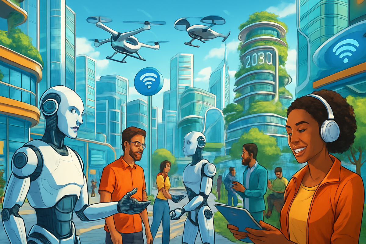 The image depicts a futuristic city scene with humans and robots interacting, drones flying overhead, and a focus on technology and connectivity in a vibrant urban environment.