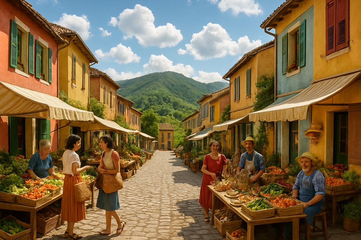 A vibrant market street is bustling with vendors and shoppers amidst colorful buildings and scenic mountains.