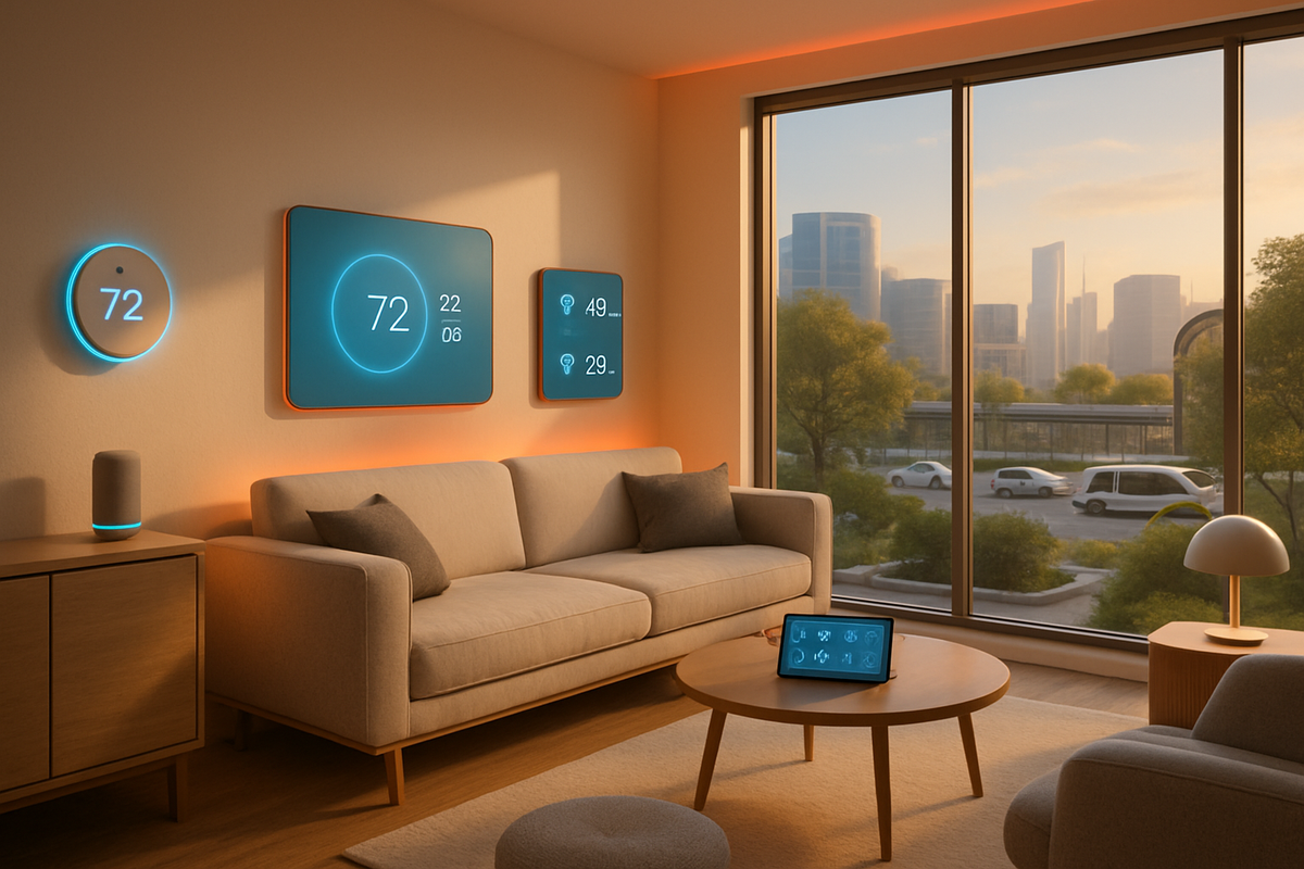 The image depicts a modern living room with smart home displays, a cozy sofa, and a large window showing a cityscape.