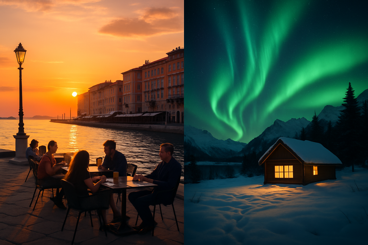 The image features a vibrant sunset scene by the water on one side and a serene night view of auroras over a snowy landscape with a cozy cabin on the other.