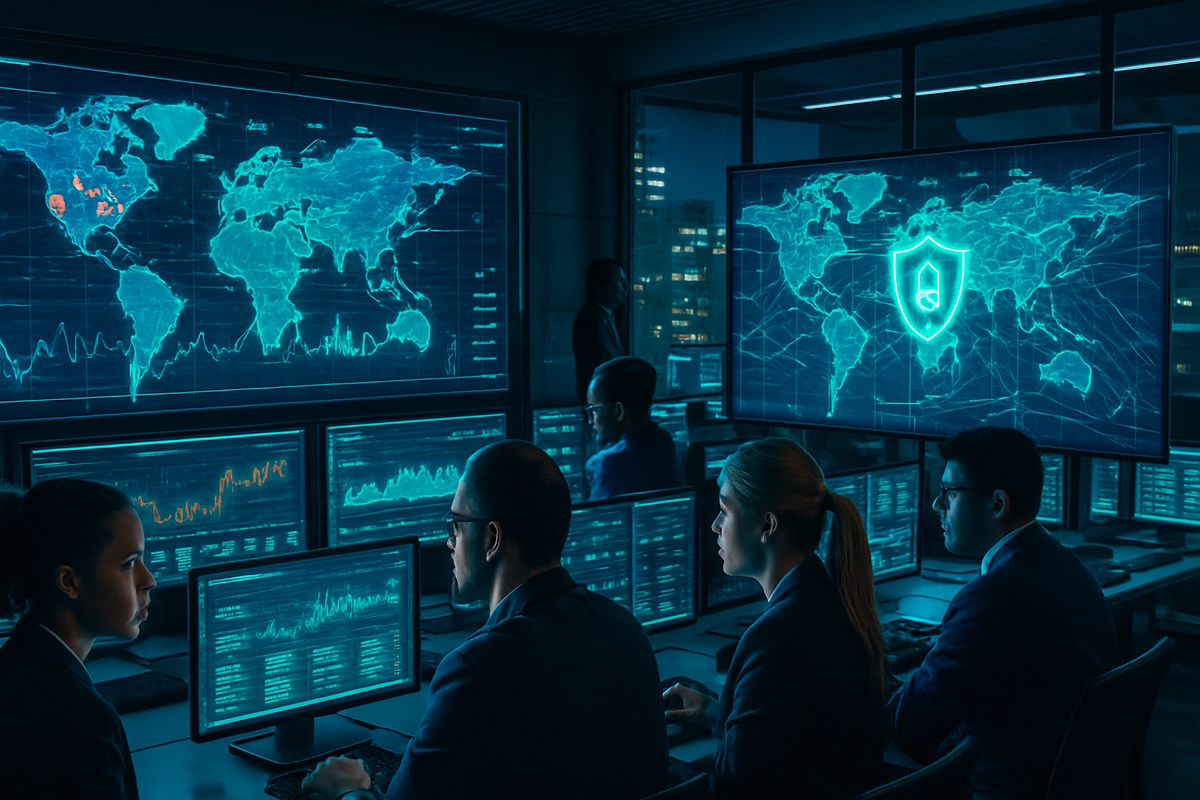 A dimly lit control room with multiple screens displaying global maps and data, where a group of professionals work focused on cybersecurity.