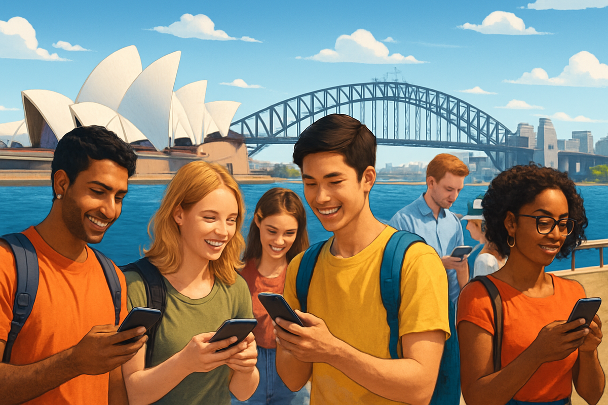 A diverse group of young people are happily checking their phones by a waterfront, with the Sydney Opera House and Harbour Bridge visible in the background.
