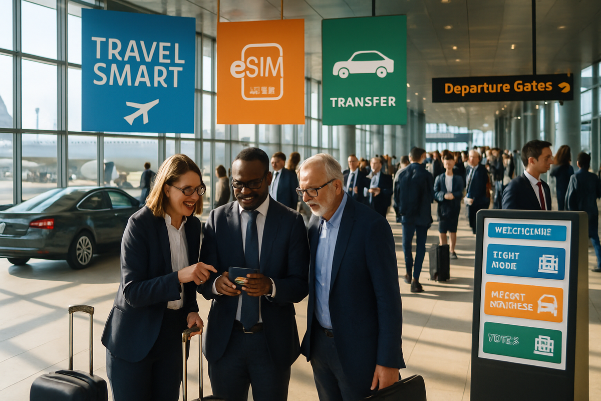 The image shows three business professionals engaging happily with a mobile device at an airport, surrounded by signs indicating travel services.