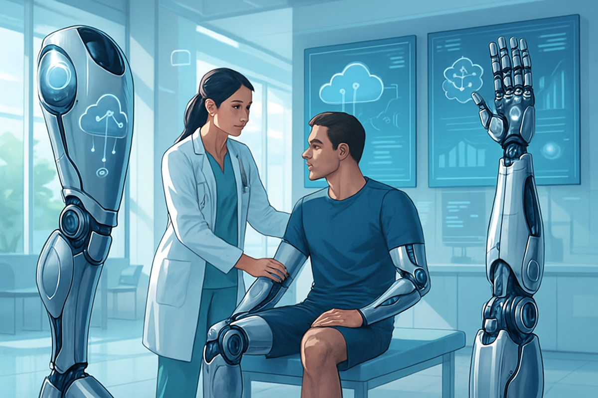 A doctor is interacting with a patient who has robotic arms in a modern medical environment.