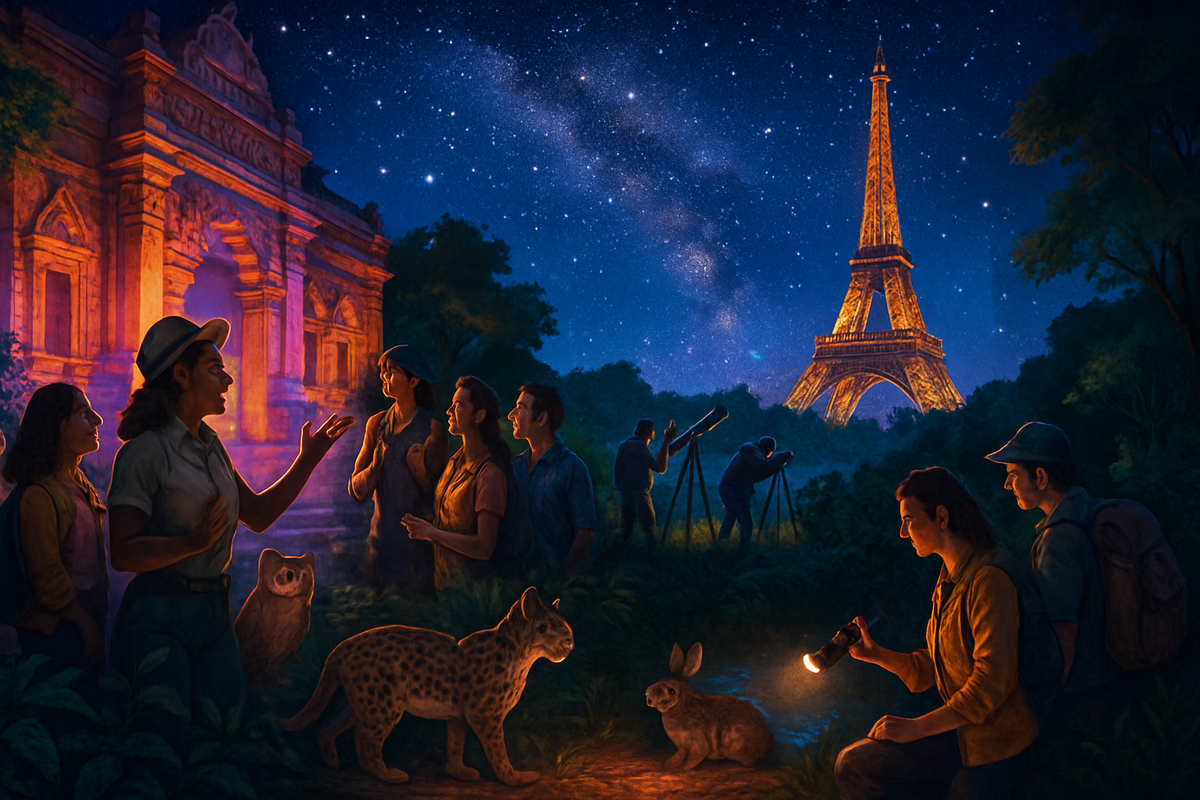 The image depicts a group of people engaged in exploration, with the Eiffel Tower in the background under a starry sky, accompanied by animals like an owl, a leopard, and a rabbit.