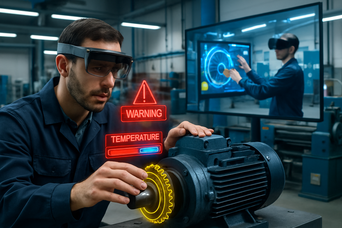 A man in a workshop wearing smart glasses interacts with a motor while a digital warning about temperature appears beside him.