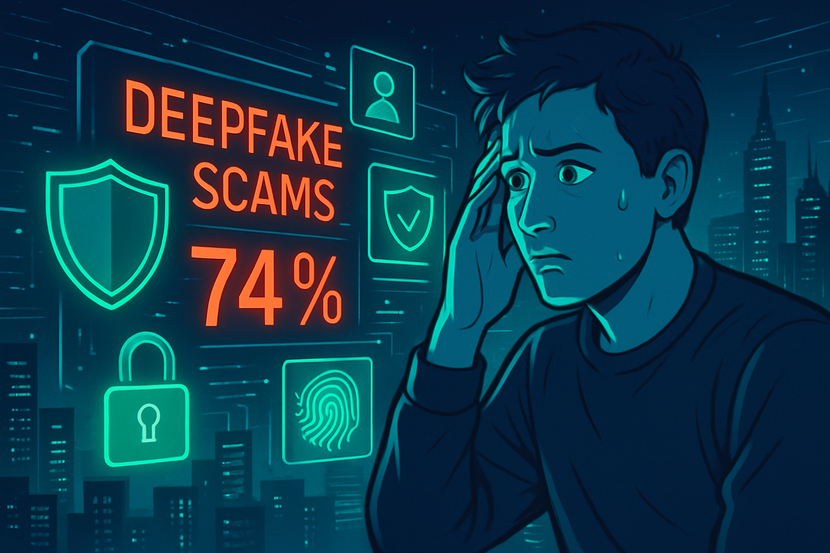 The image depicts a concerned young man amidst graphics about deepfake scams, highlighting a statistic of 74%.
