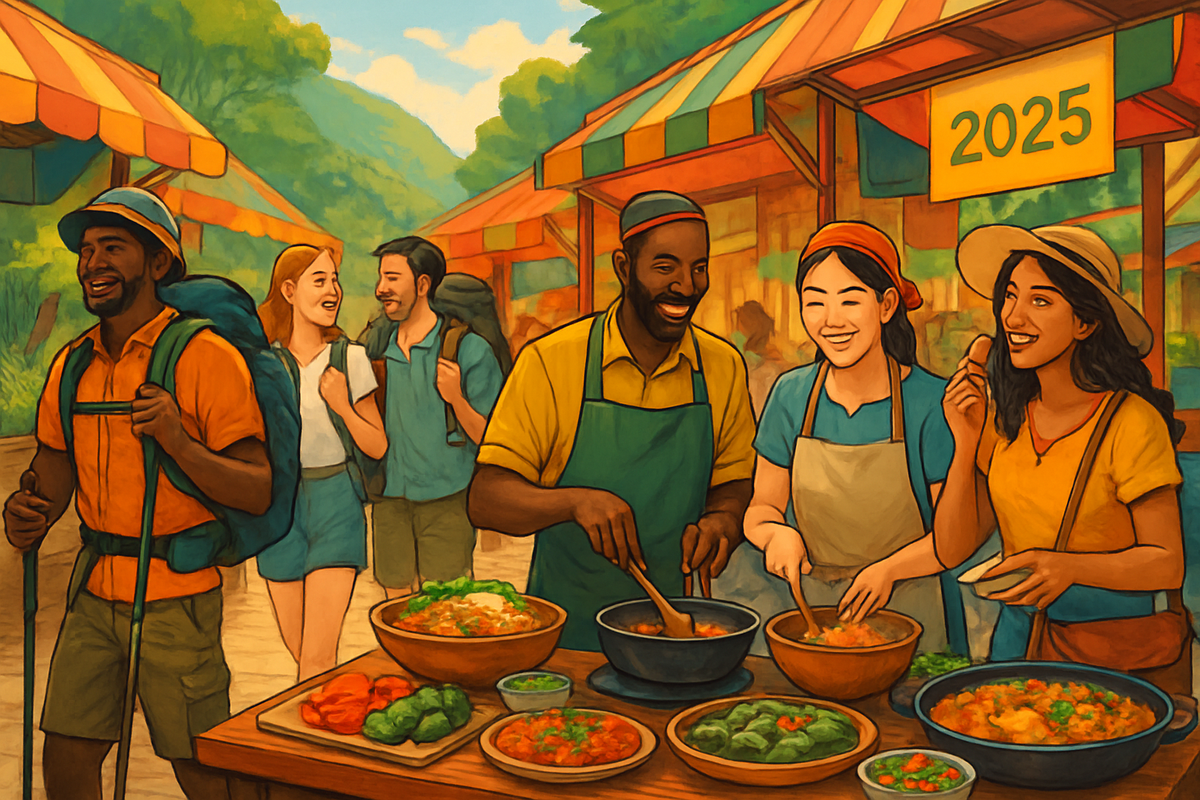 The image depicts a vibrant outdoor market setting where individuals are enjoying cooking and interacting, surrounded by colorful stalls and fresh food.