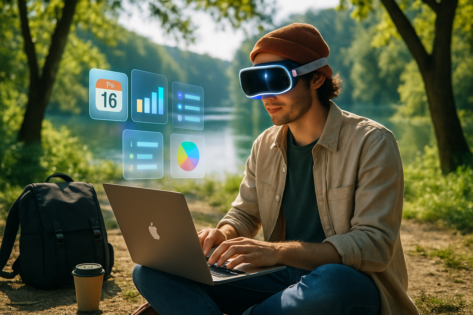 A young man wearing VR goggles is sitting by a river, working on a laptop with digital icons displayed around him.