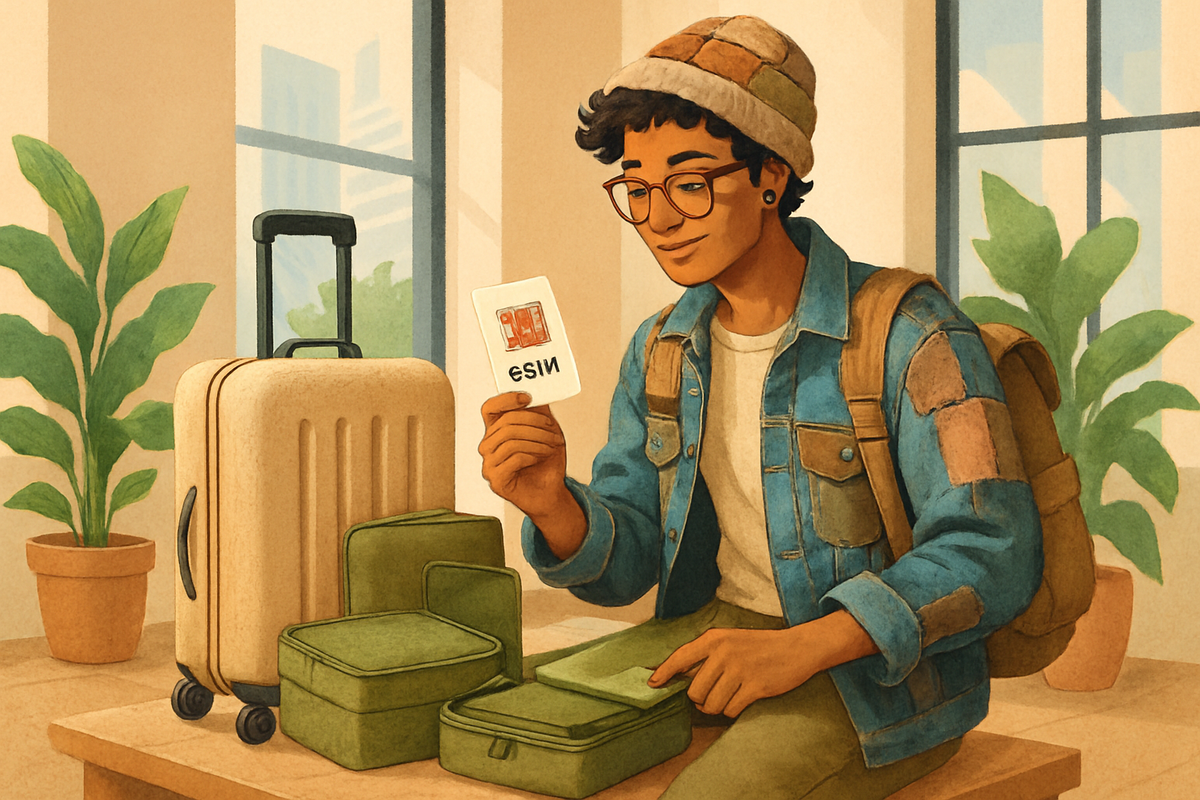 A young person in a cozy setting examines a card while surrounded by travel bags and lunch boxes.
