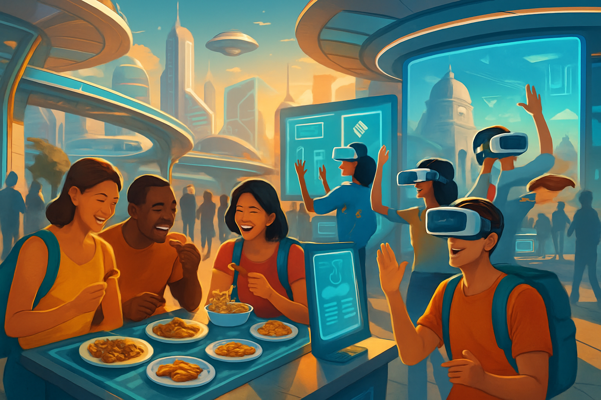 The image depicts a vibrant futuristic scene with people enjoying food and others engaged in virtual reality activities, set against a backdrop of advanced city architecture.
