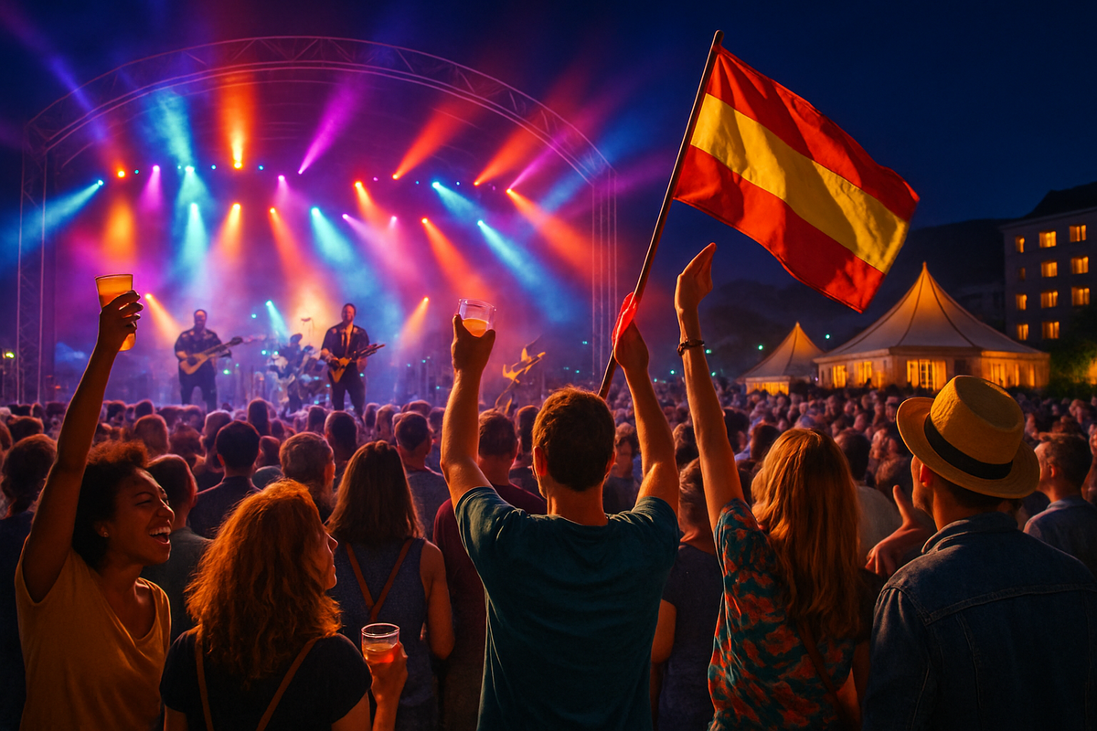 A vibrant concert scene with a cheering crowd, colorful lights, and people holding drinks and a Spanish flag.