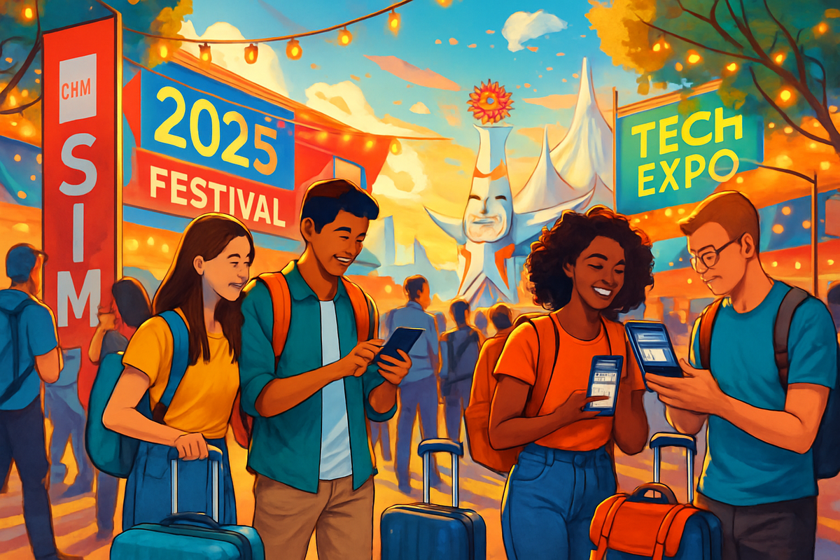The image depicts a vibrant festival scene with diverse people smiling and using their phones, surrounded by colorful signage for a tech expo and festival in 2025.