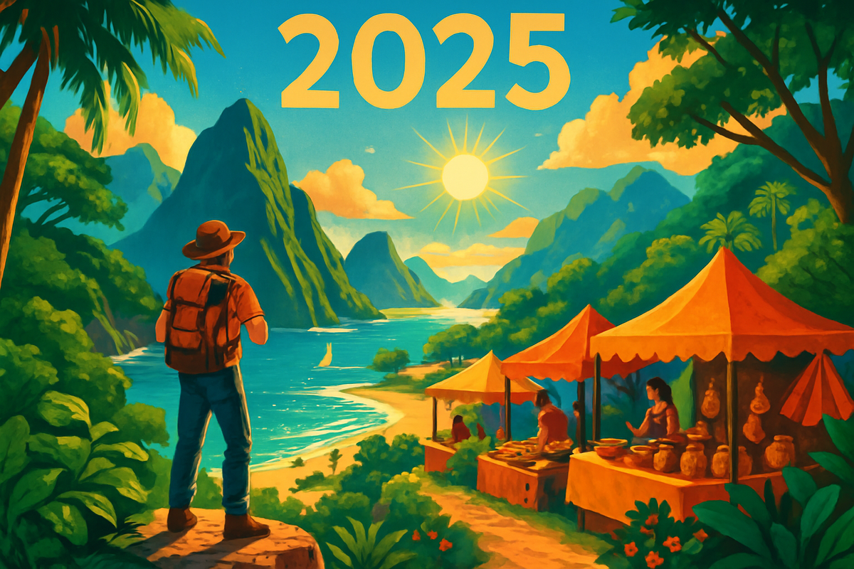 The image depicts a traveler overlooking a scenic coastal landscape with mountains, a river, and market stalls under vibrant tents, featuring the year 2025 prominently.