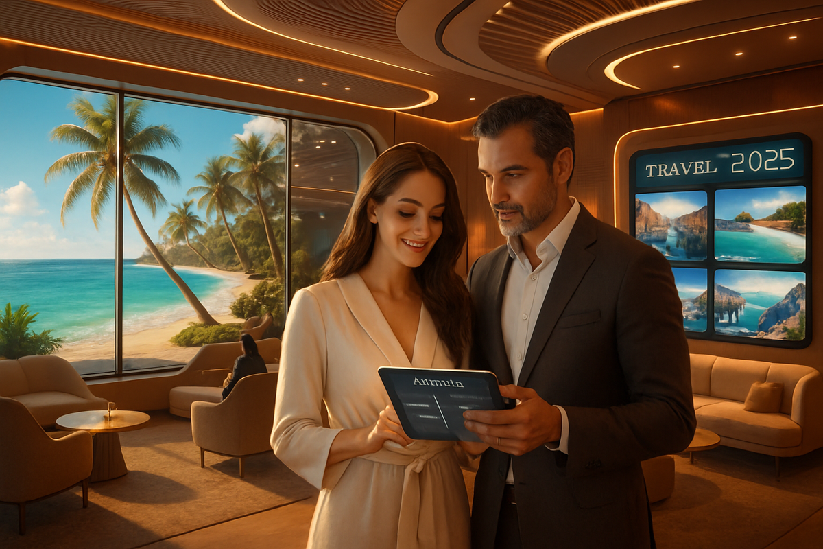 A couple is engaged in conversation while looking at a tablet in a modern lounge with a beach view and travel-themed displays.
