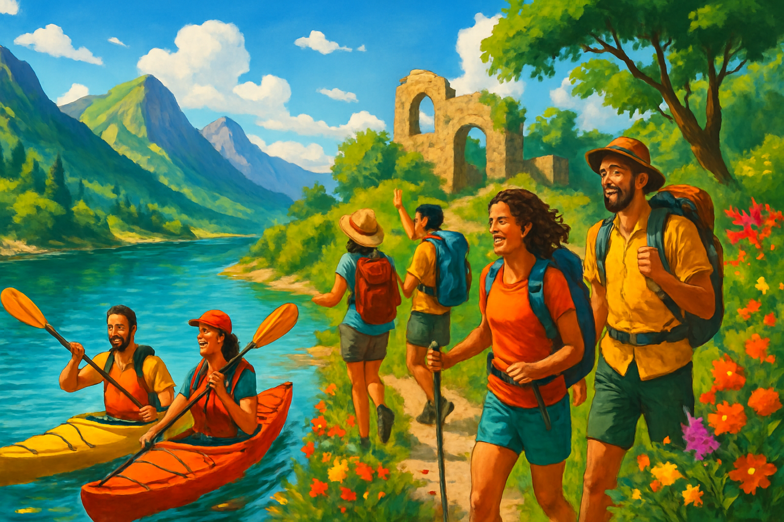 The image depicts a vibrant outdoor scene with five people enjoying kayaking and hiking by a scenic river and mountains, surrounded by lush greenery and colorful flowers.