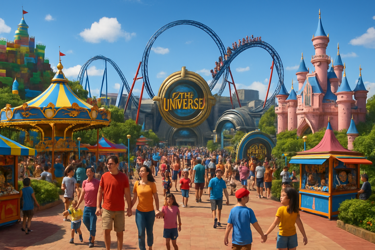 The image depicts a vibrant amusement park filled with families, colorful attractions, and roller coasters under a clear blue sky.